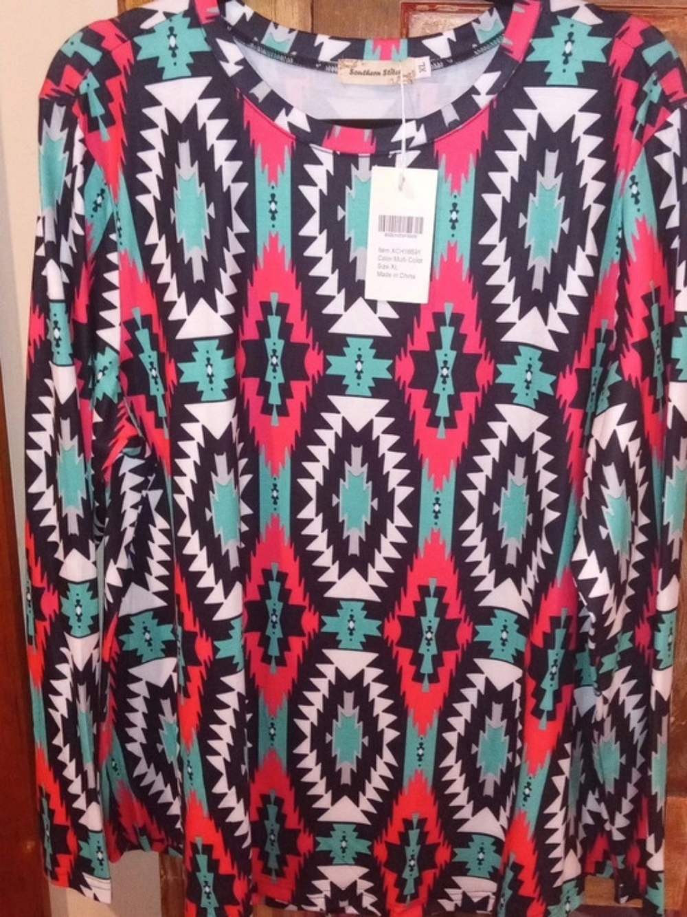 Southern Stitch Geometric Tunic in Black & Pink And Turquoise Size XL NWT